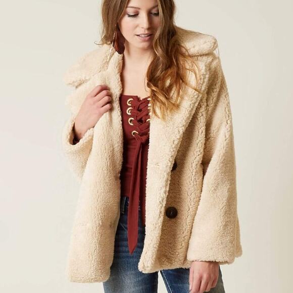 Free People Notched Teddy Peacoat in Oatmeal - Picture 1 of 8